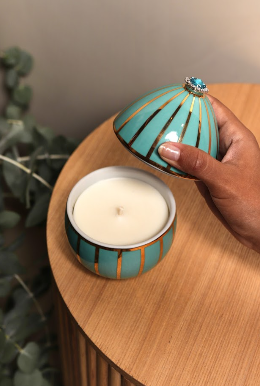 VELA HUEVO TURQUESA RAYA ORO LADENAC 220G
