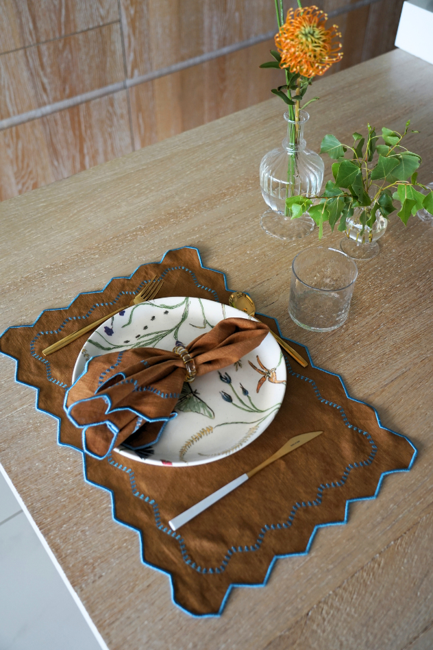 Pack Mantel Individual + Servilleta Marrón y Azul